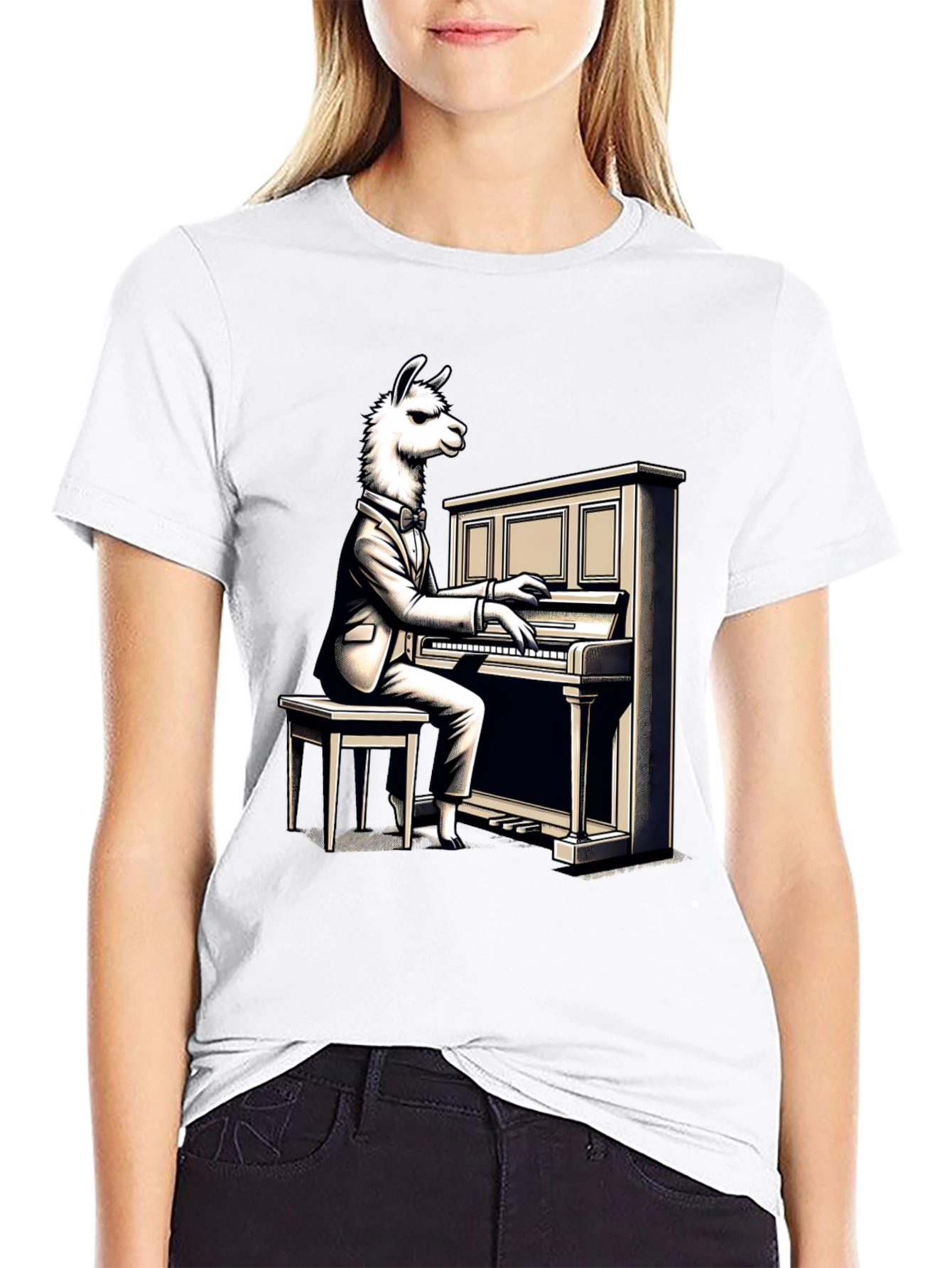 Llama Pianist Graphic Tee - Unique Animal Art Shirt