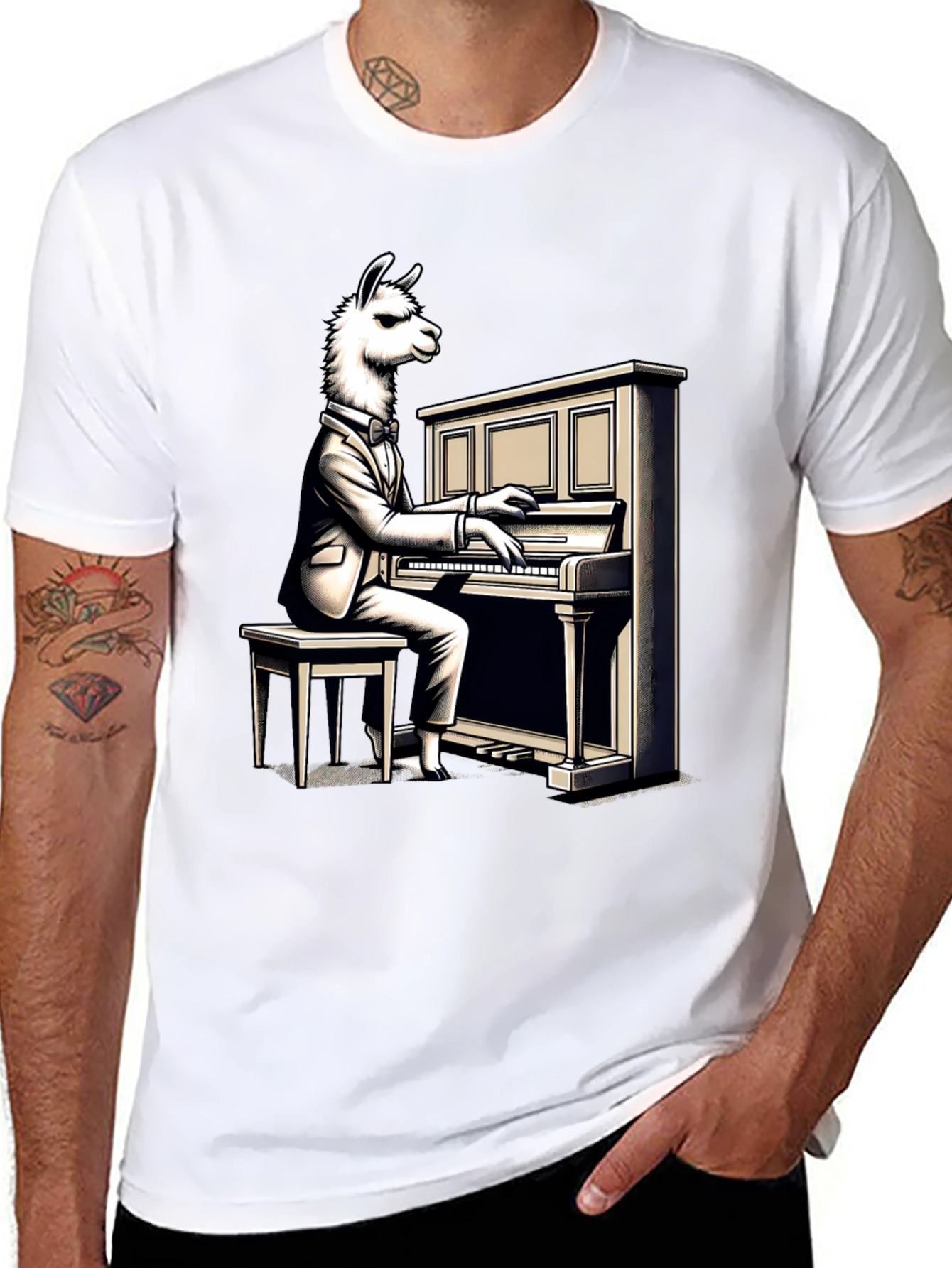 Llama Pianist Graphic Tee - Unique Animal Art Shirt