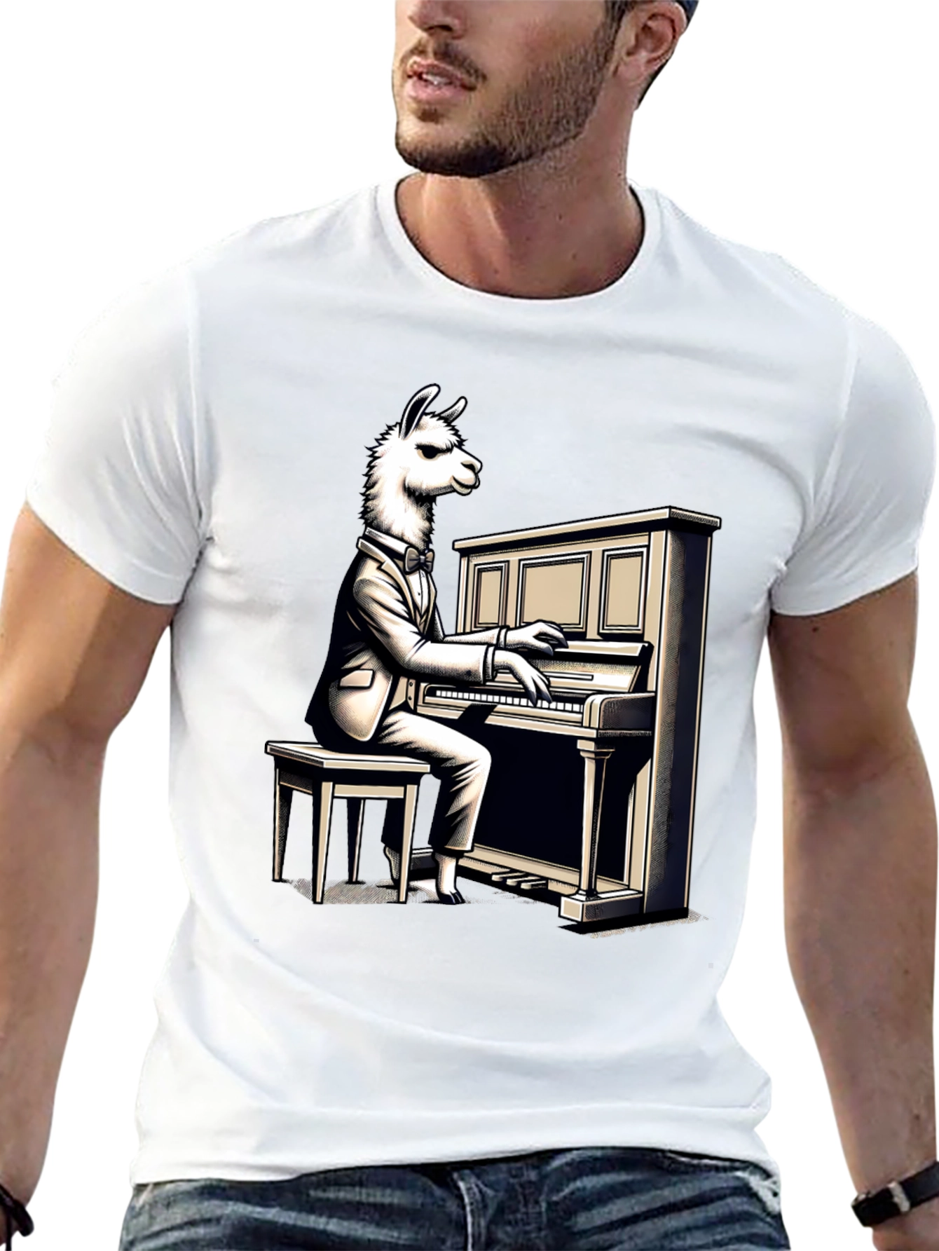 Llama Pianist Graphic Tee - Unique Animal Art Shirt