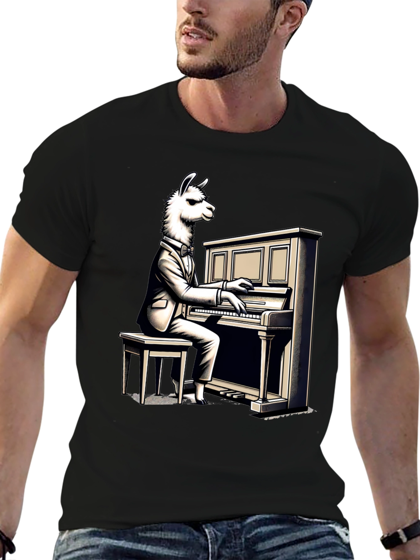 Llama Pianist Graphic Tee - Unique Animal Art Shirt