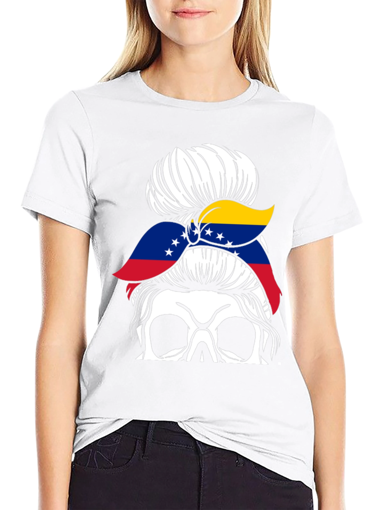 Venezuela Flag Messy Bun Skull T-Shirt