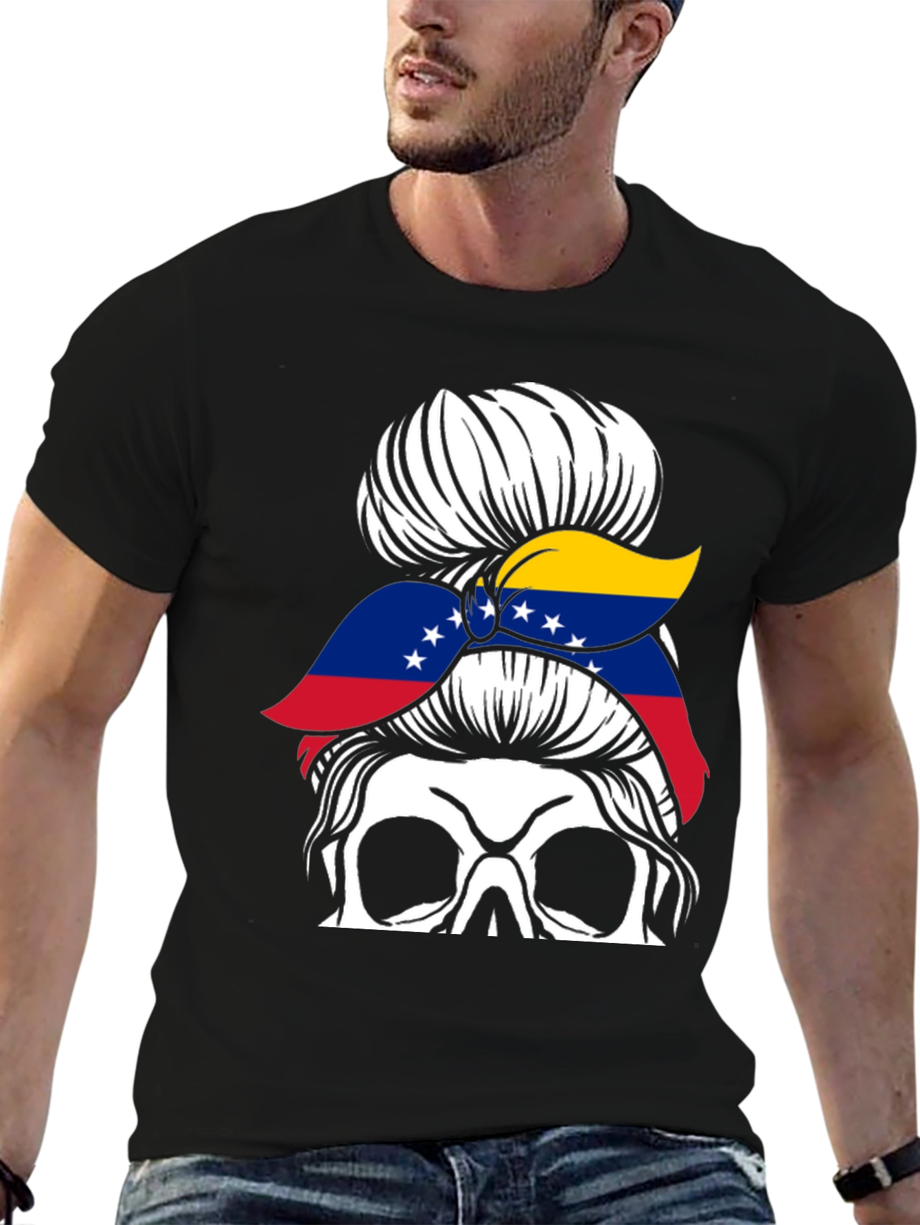 Venezuela Flag Messy Bun Skull T-Shirt
