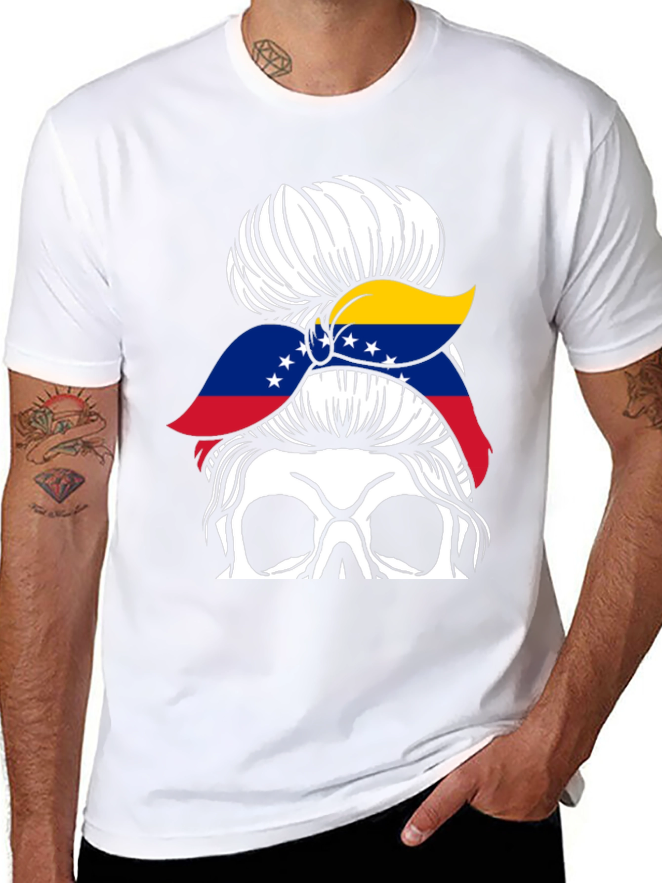 Venezuela Flag Messy Bun Skull T-Shirt