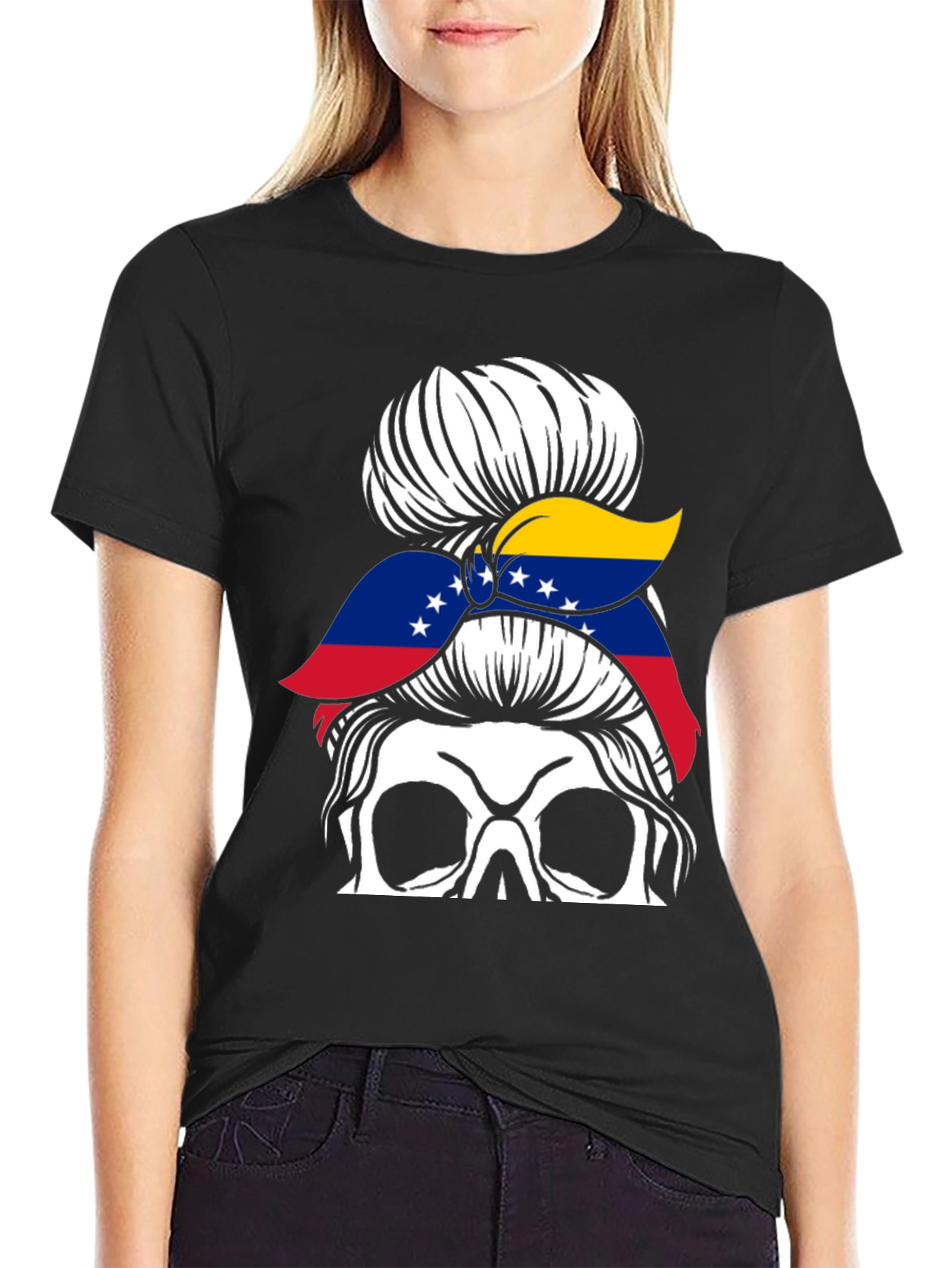 Venezuela Flag Messy Bun Skull T-Shirt