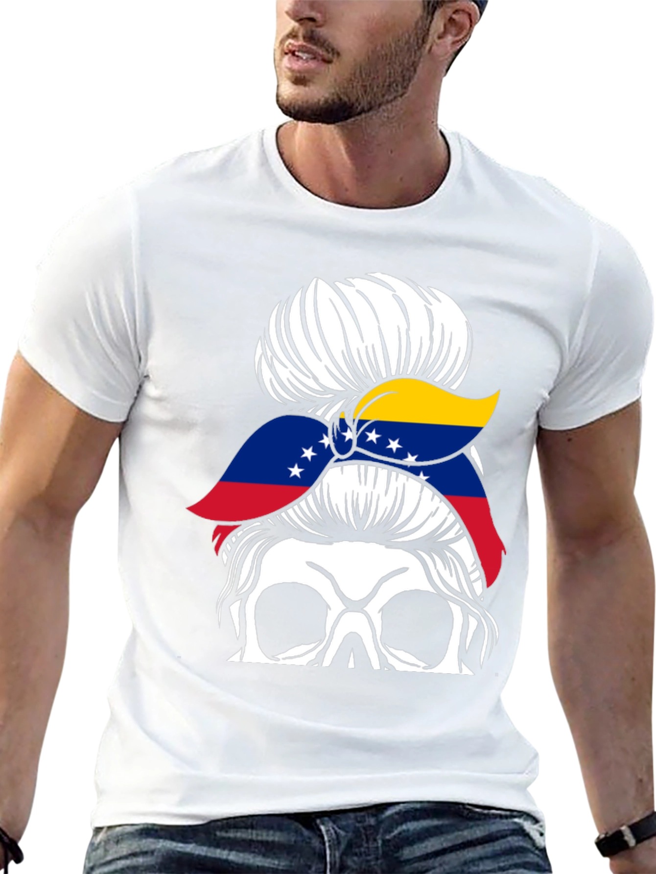 Venezuela Flag Messy Bun Skull T-Shirt