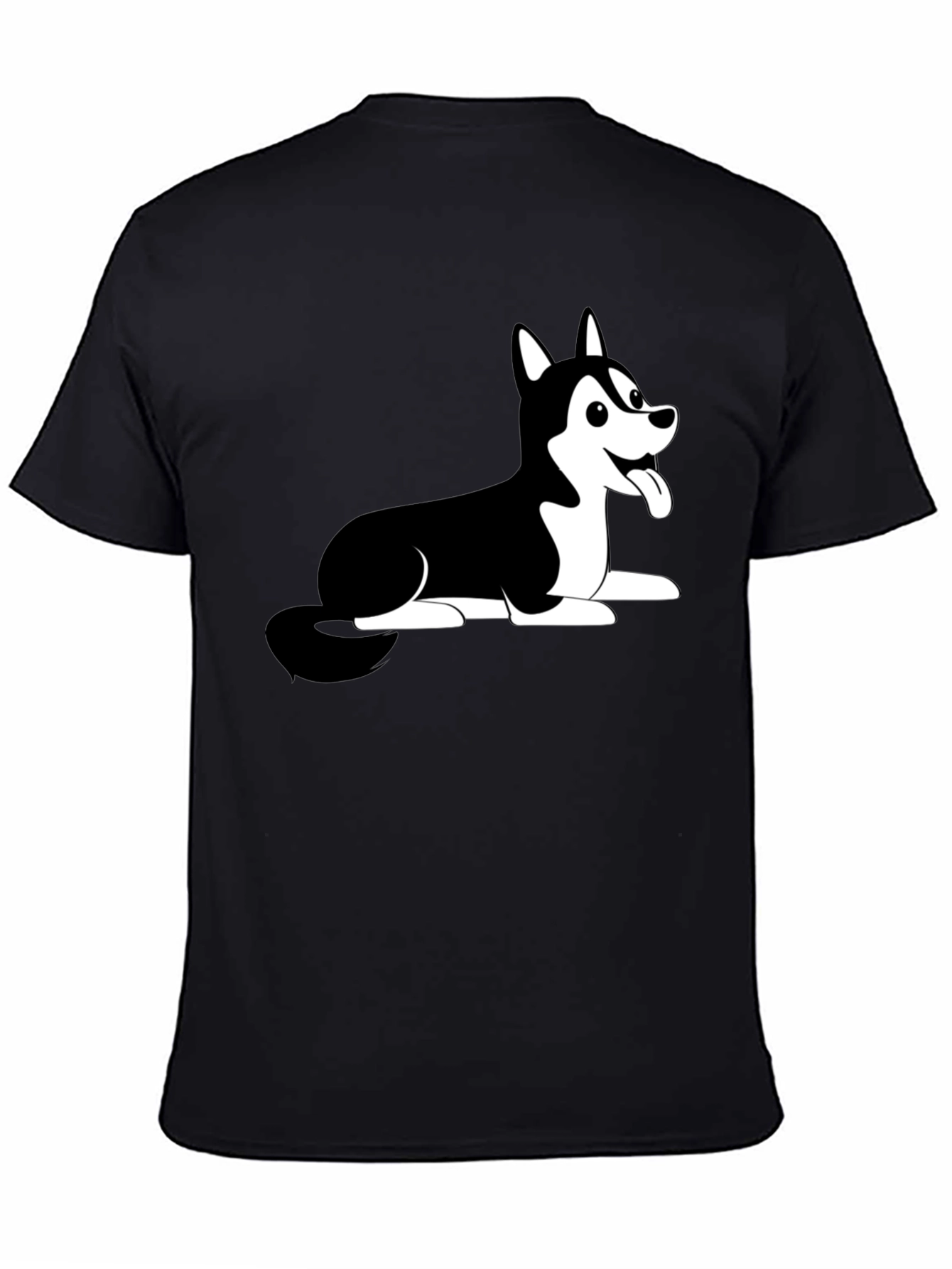 Husky Dog Cartoon Print Black T-Shirt