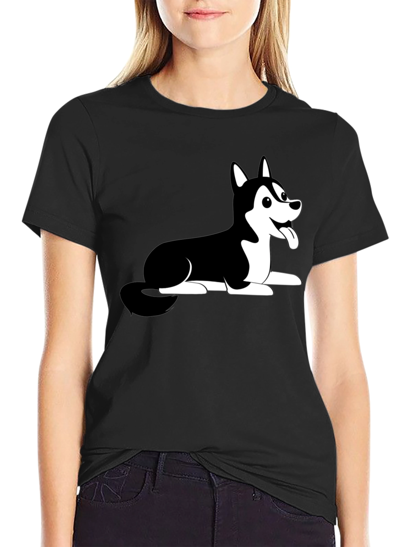 Husky Dog Cartoon Print Black T-Shirt
