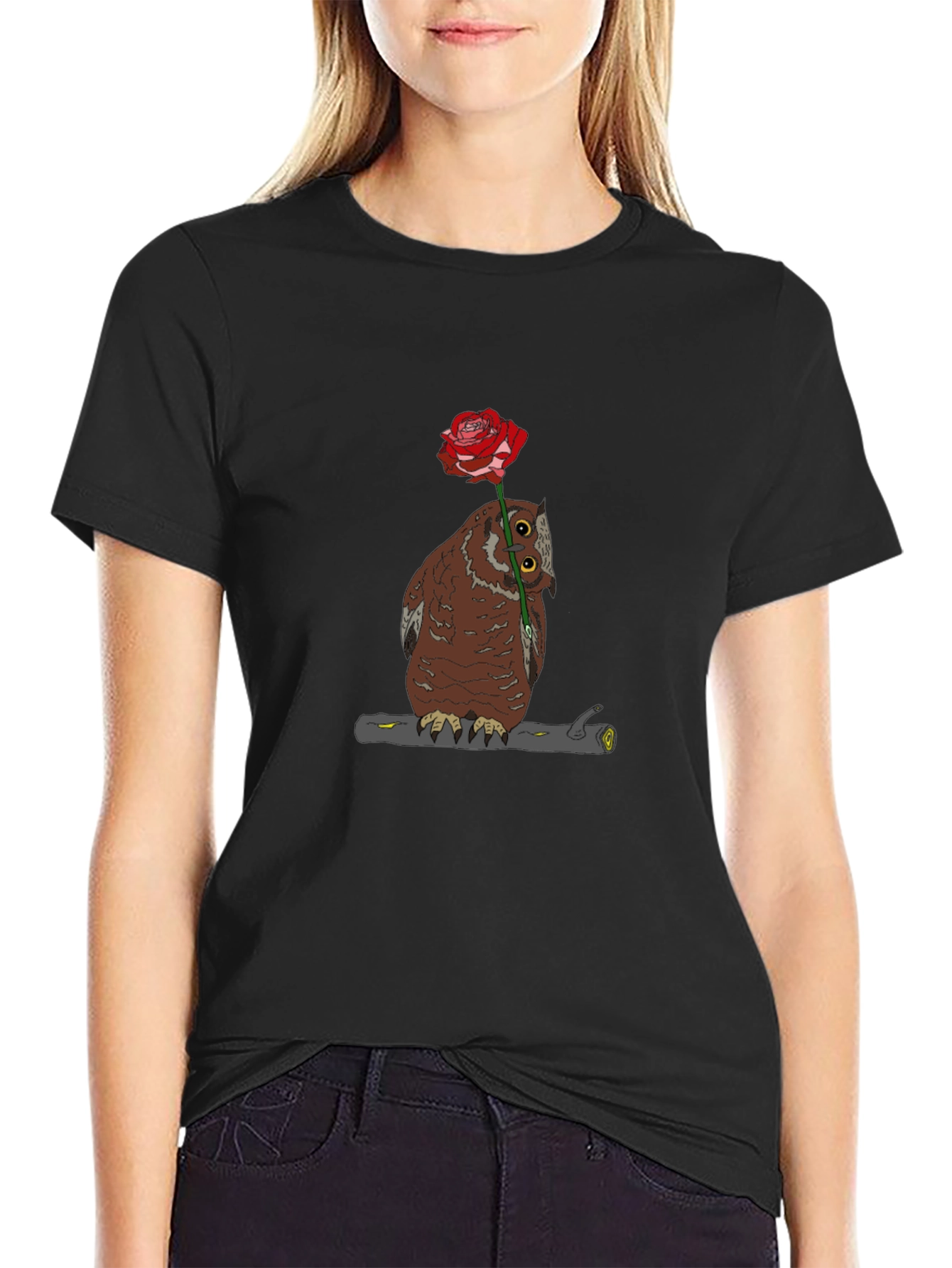 Owl with Rose Graphic T-Shirt - Unique Design
