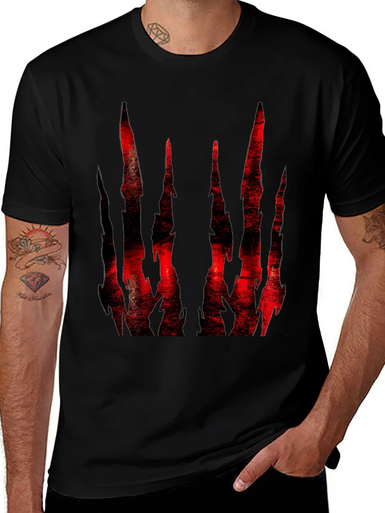 Mens Black T-Shirt with Red Abstract Graphic