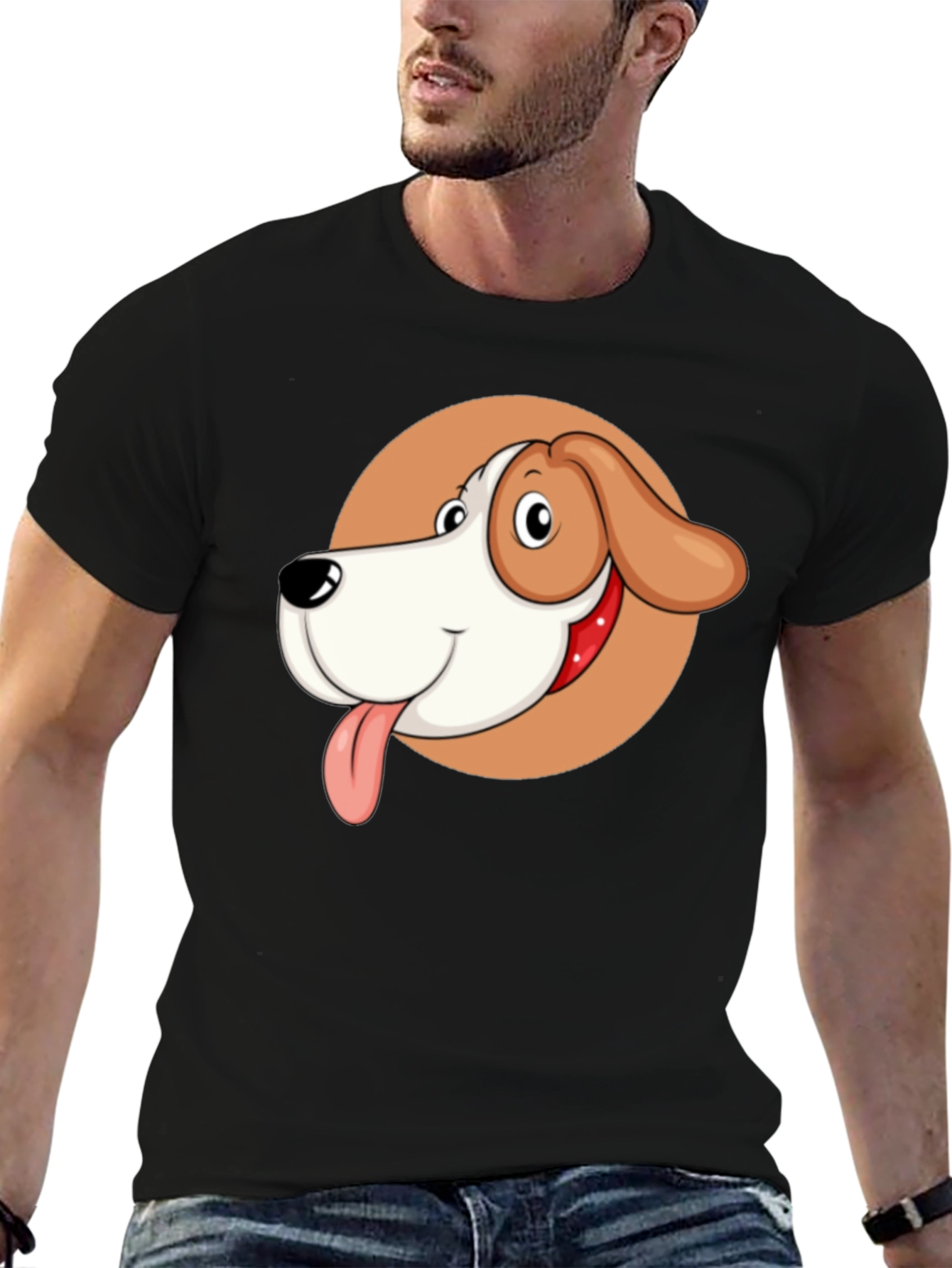 Cartoon Dog Graphic Tee - Black Crew Neck T-Shirt