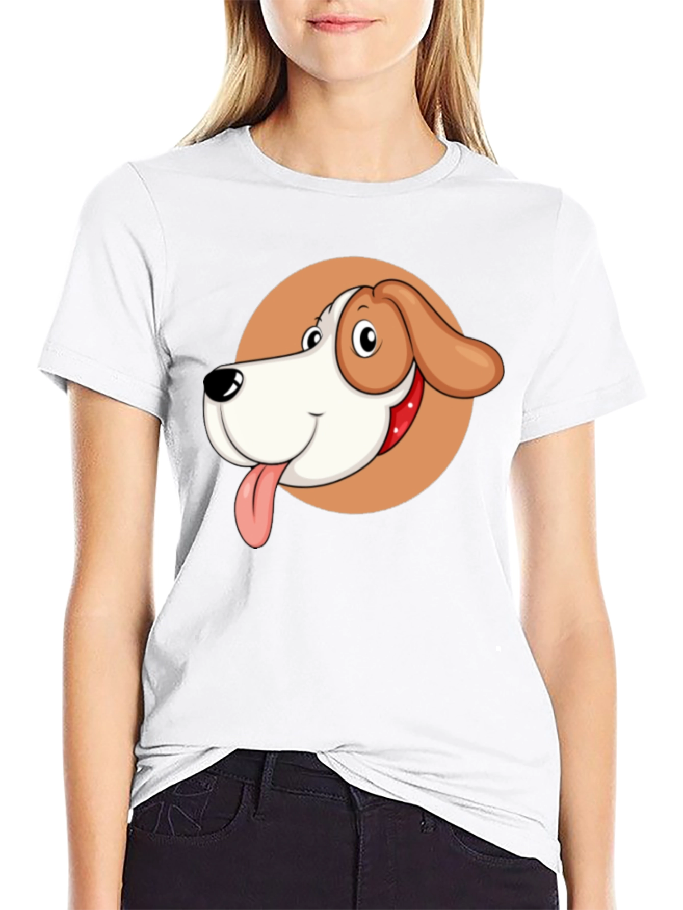 Cartoon Dog Graphic Tee - Black Crew Neck T-Shirt