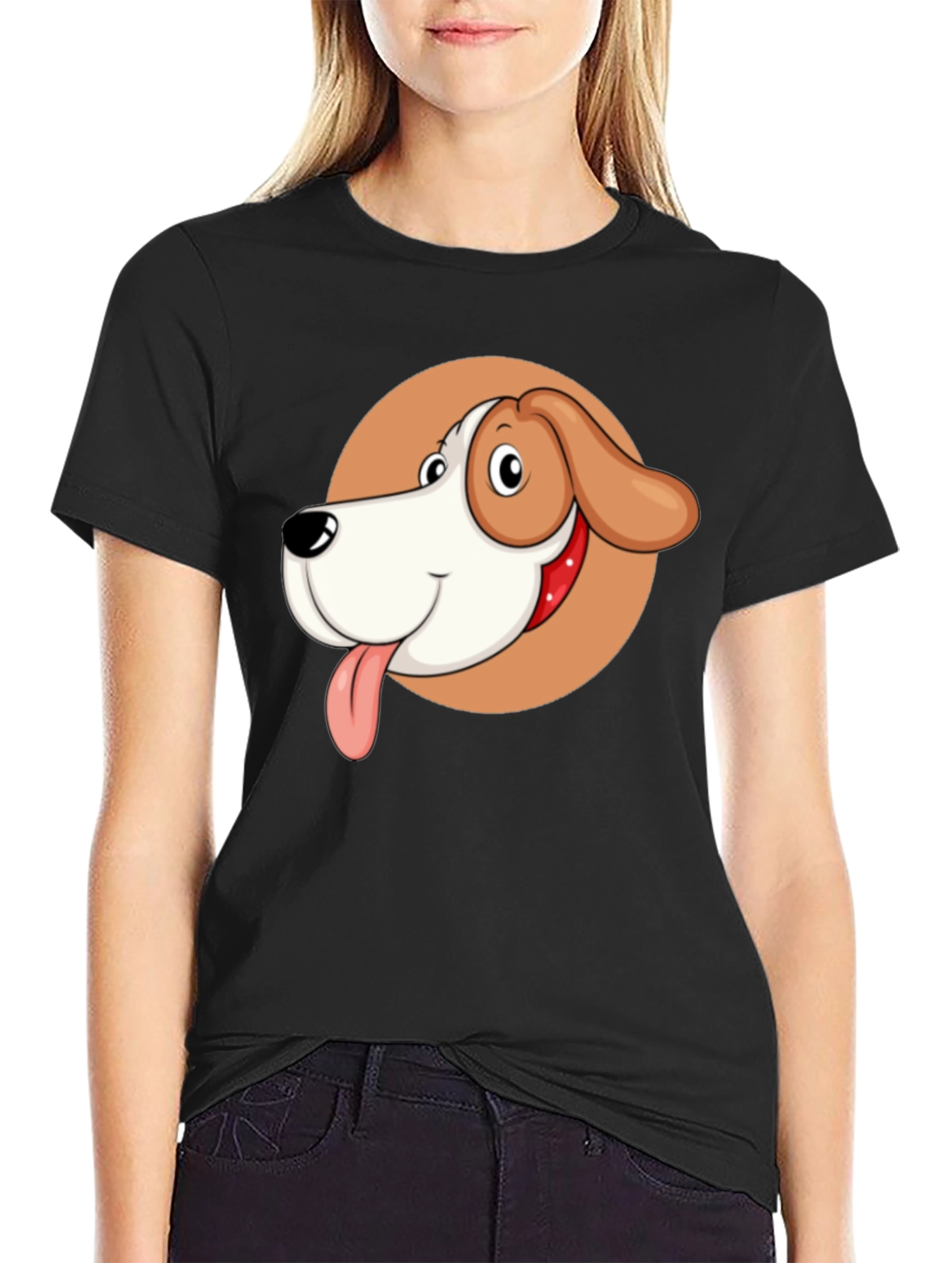 Cartoon Dog Graphic Tee - Black Crew Neck T-Shirt