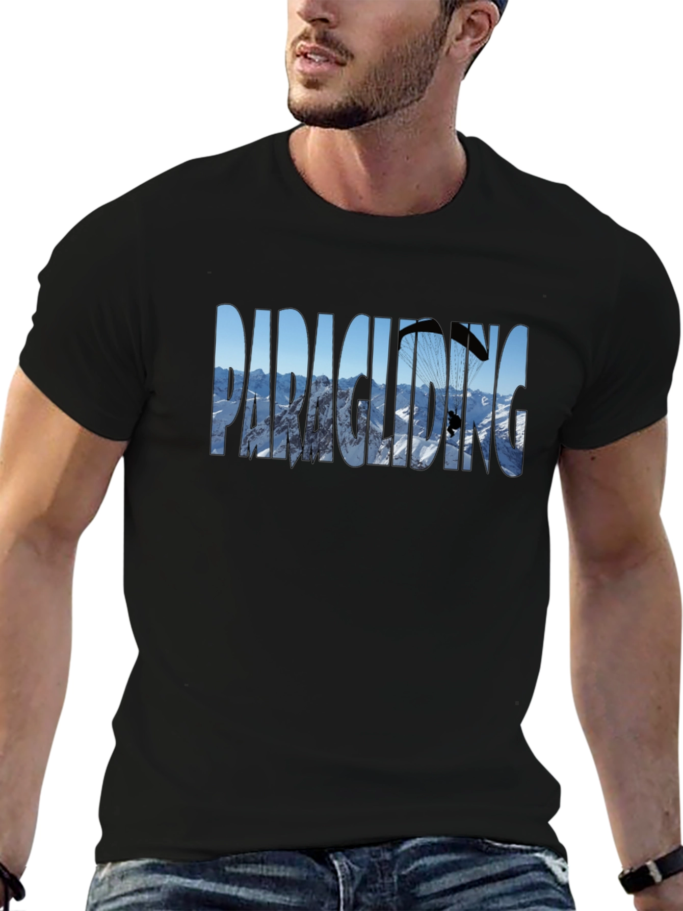Paragliding Mountain Scene Graphic Tee - Black