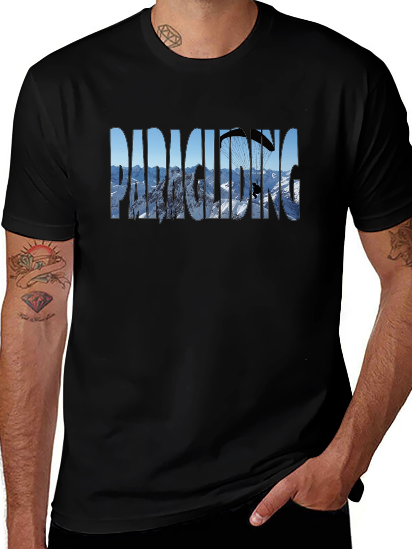 Paragliding Mountain Scene Graphic Tee - Black