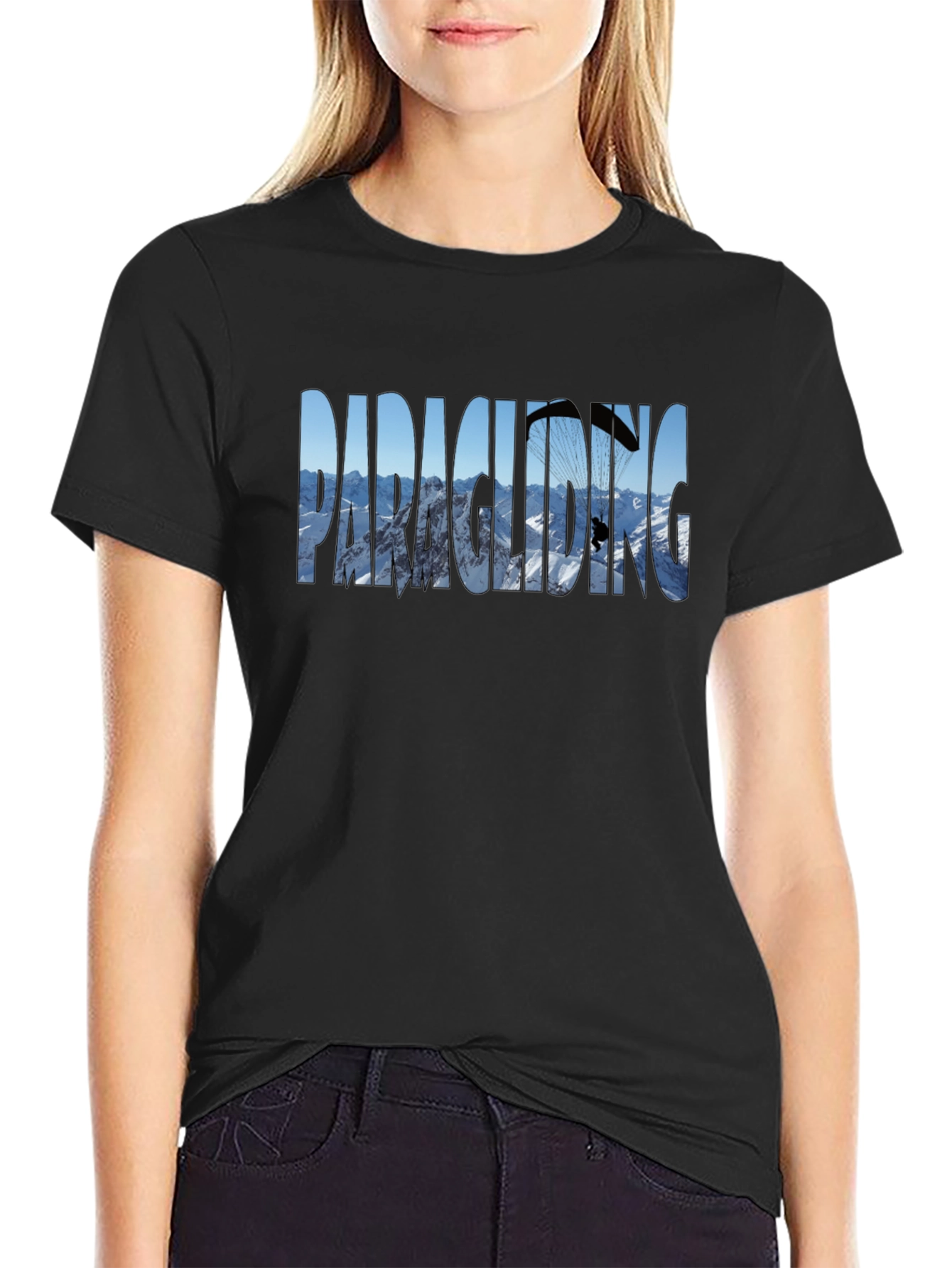 Paragliding Mountain Scene Graphic Tee - Black