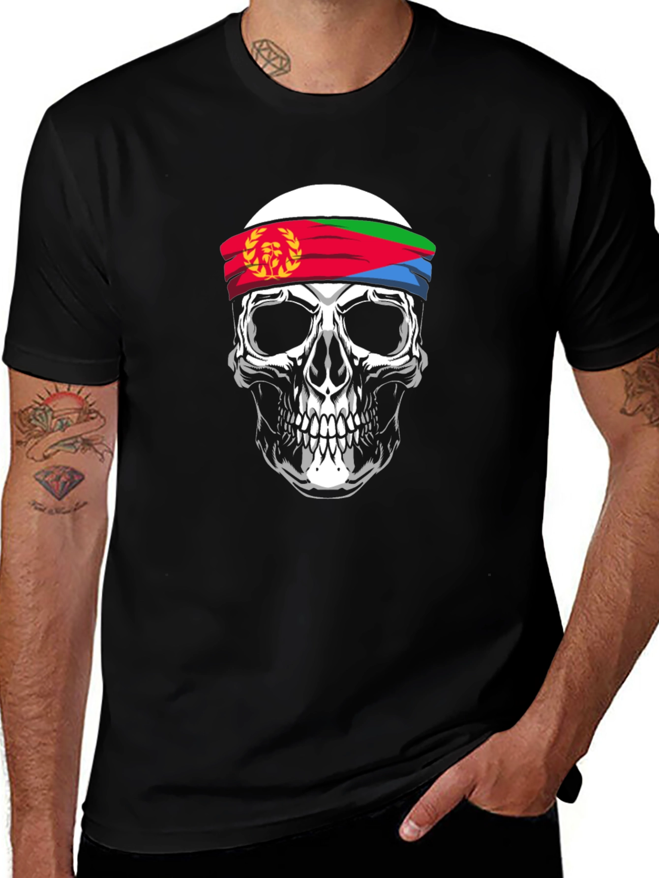 Eritrea Flag Skull Graphic Print Black T-Shirt