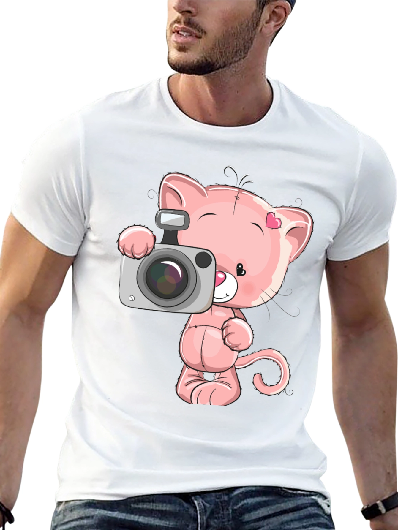 Cute Cartoon Cat with Camera Graphic T-Shirt