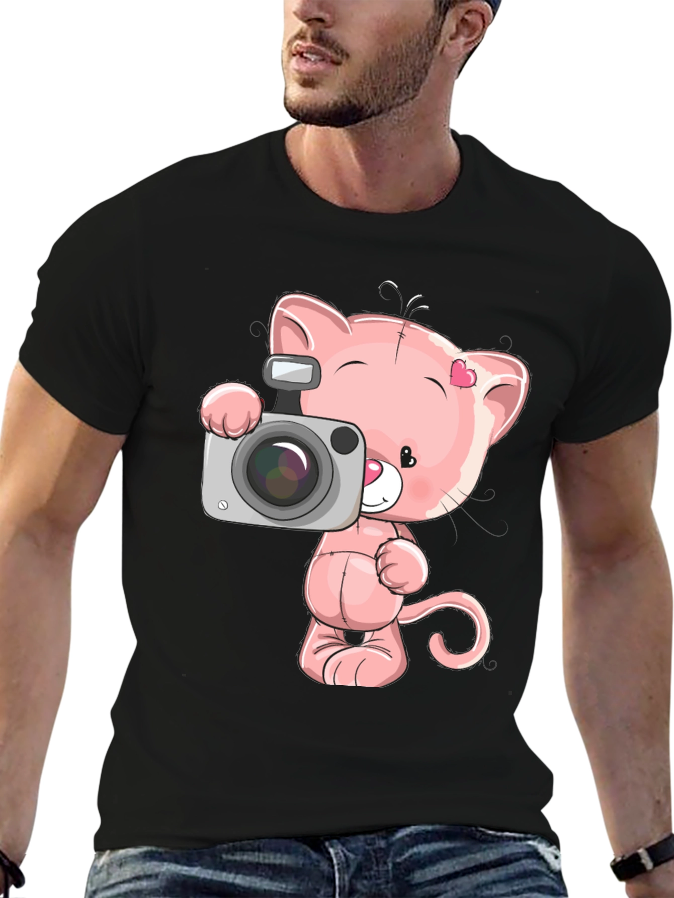 Cute Cartoon Cat with Camera Graphic T-Shirt