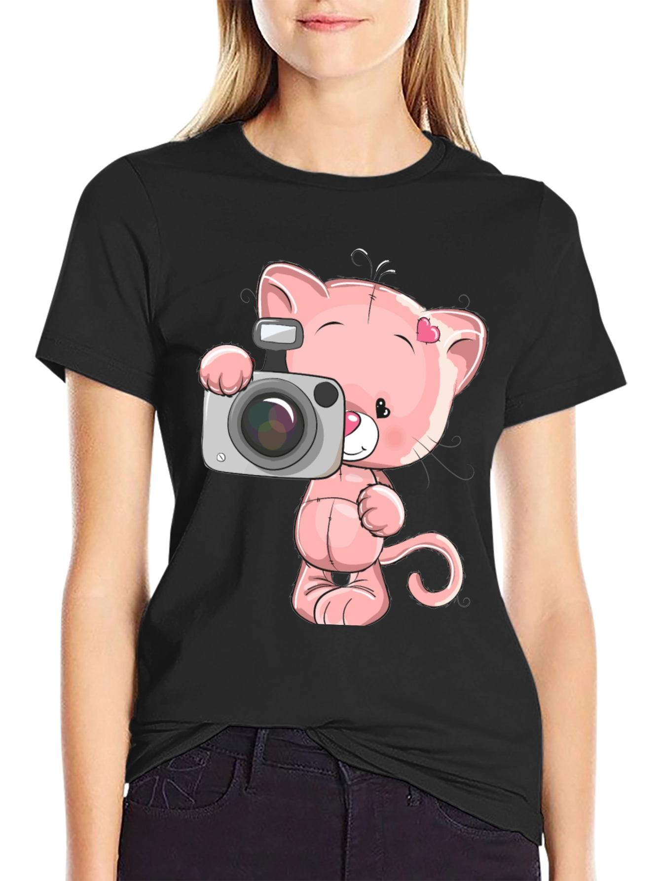 Cute Cartoon Cat with Camera Graphic T-Shirt