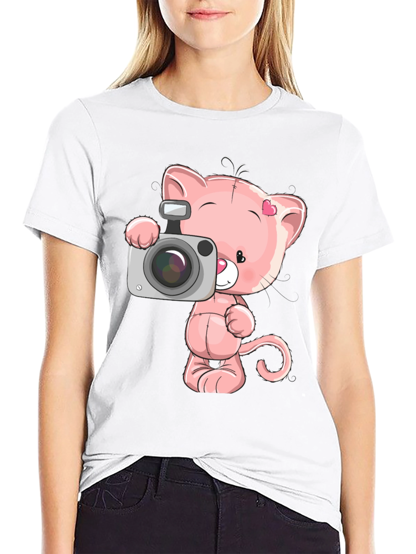 Cute Cartoon Cat with Camera Graphic T-Shirt