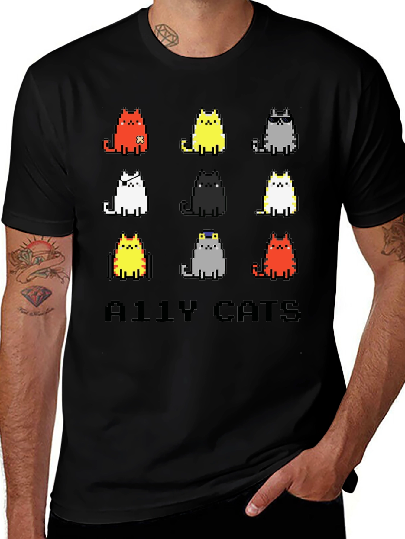 Pixel Ally Cats T-Shirt - Unisex Black Tee