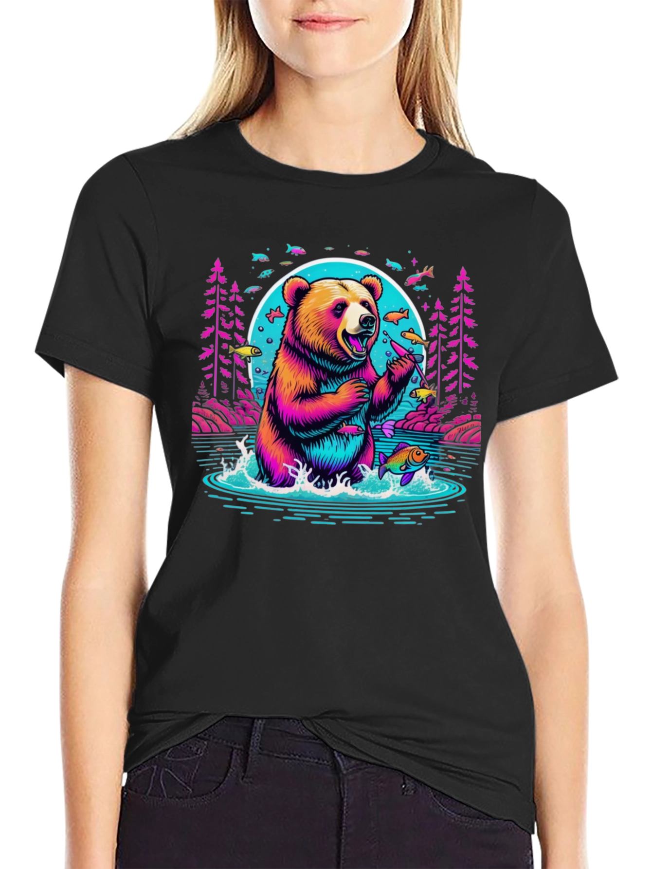 Bear Fishing Graphic T-Shirt