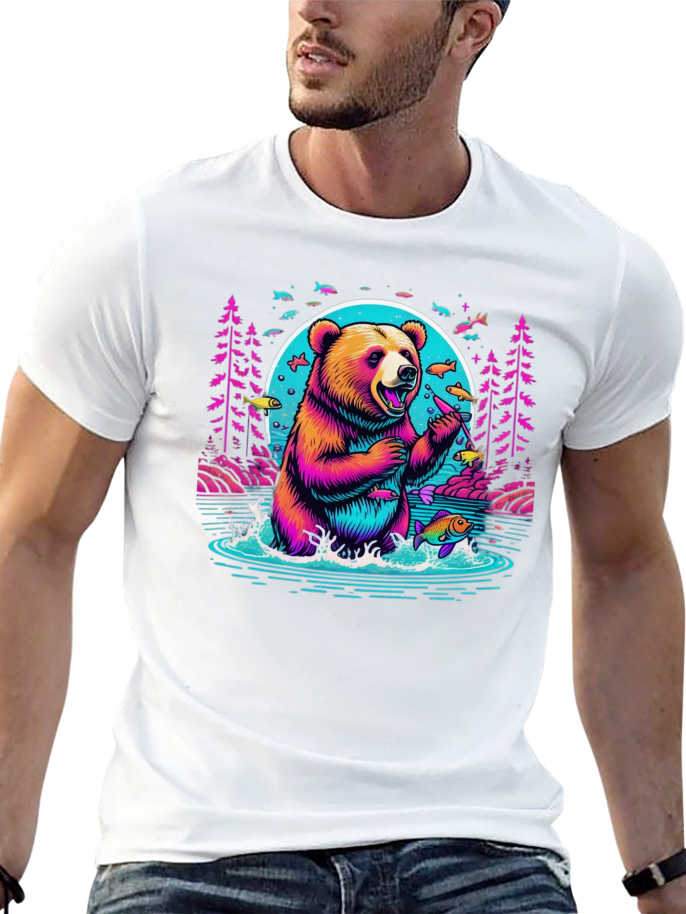 Bear Fishing Graphic T-Shirt