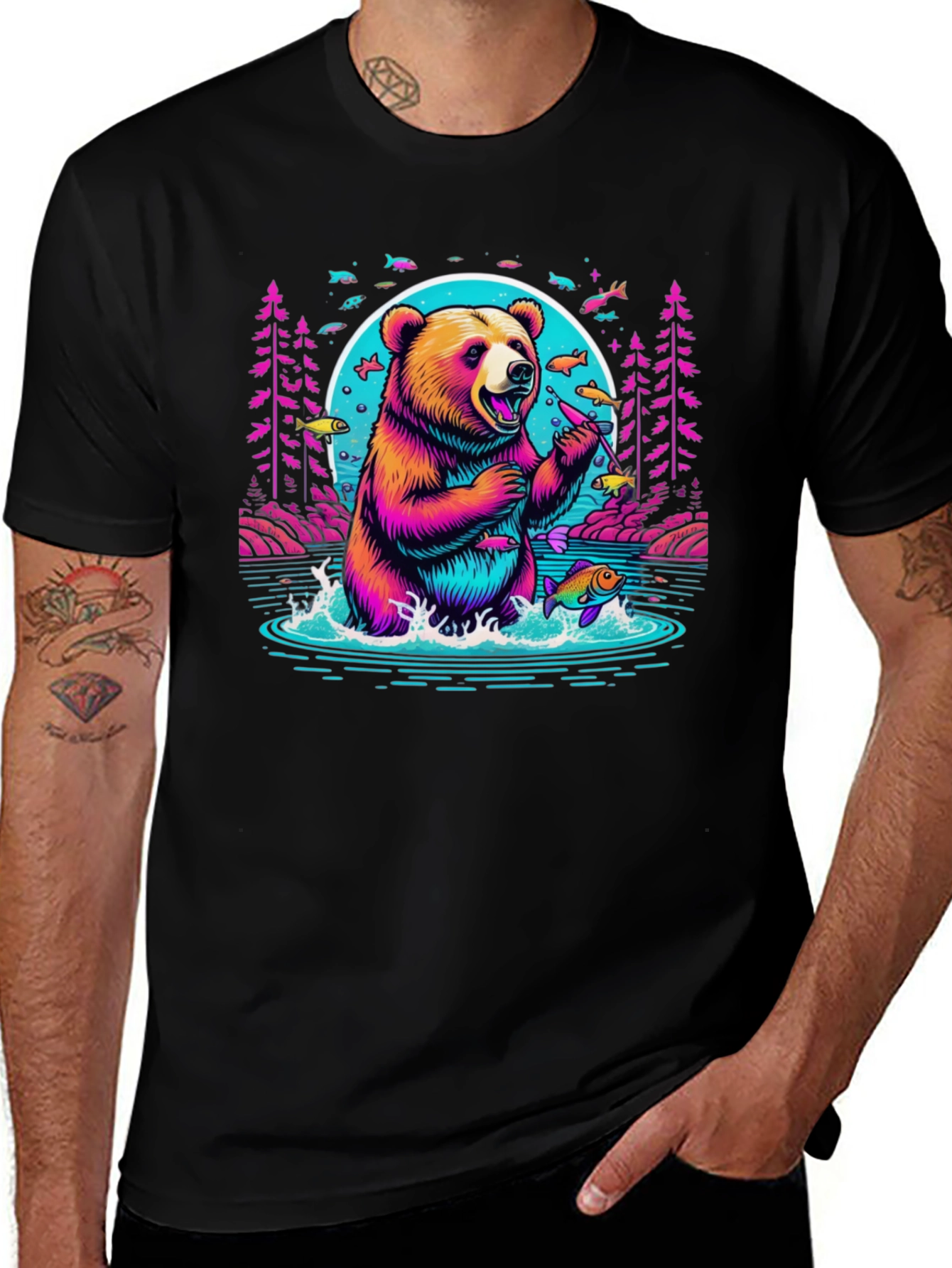 Bear Fishing Graphic T-Shirt
