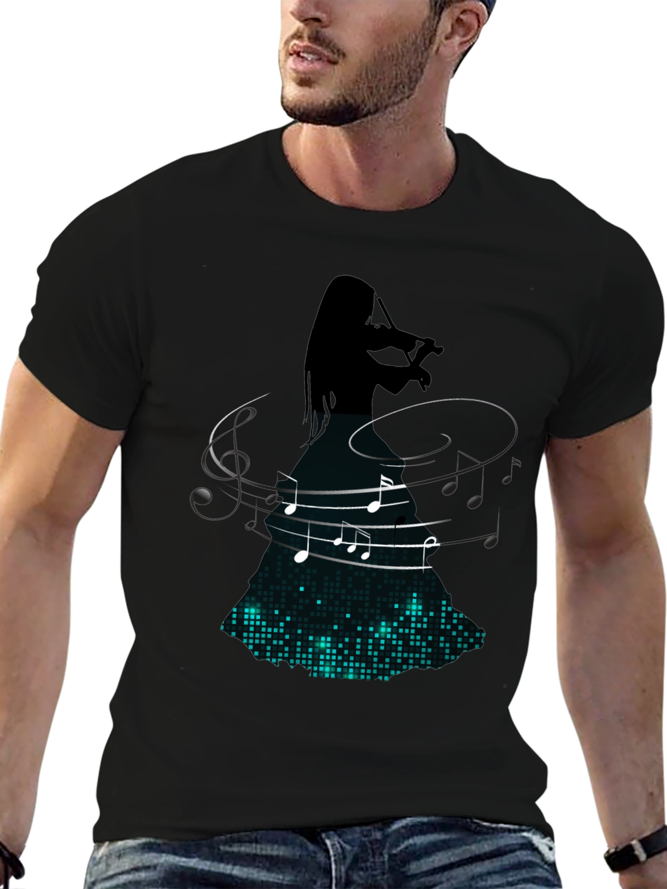 Violin Player Music Notes Graphic Tee - Black