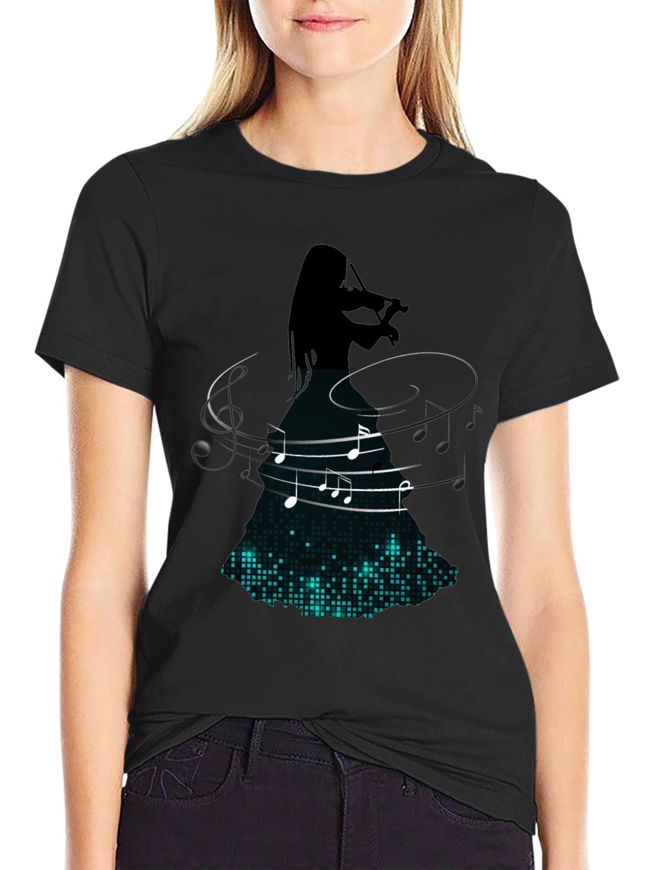 Violin Player Music Notes Graphic Tee - Black