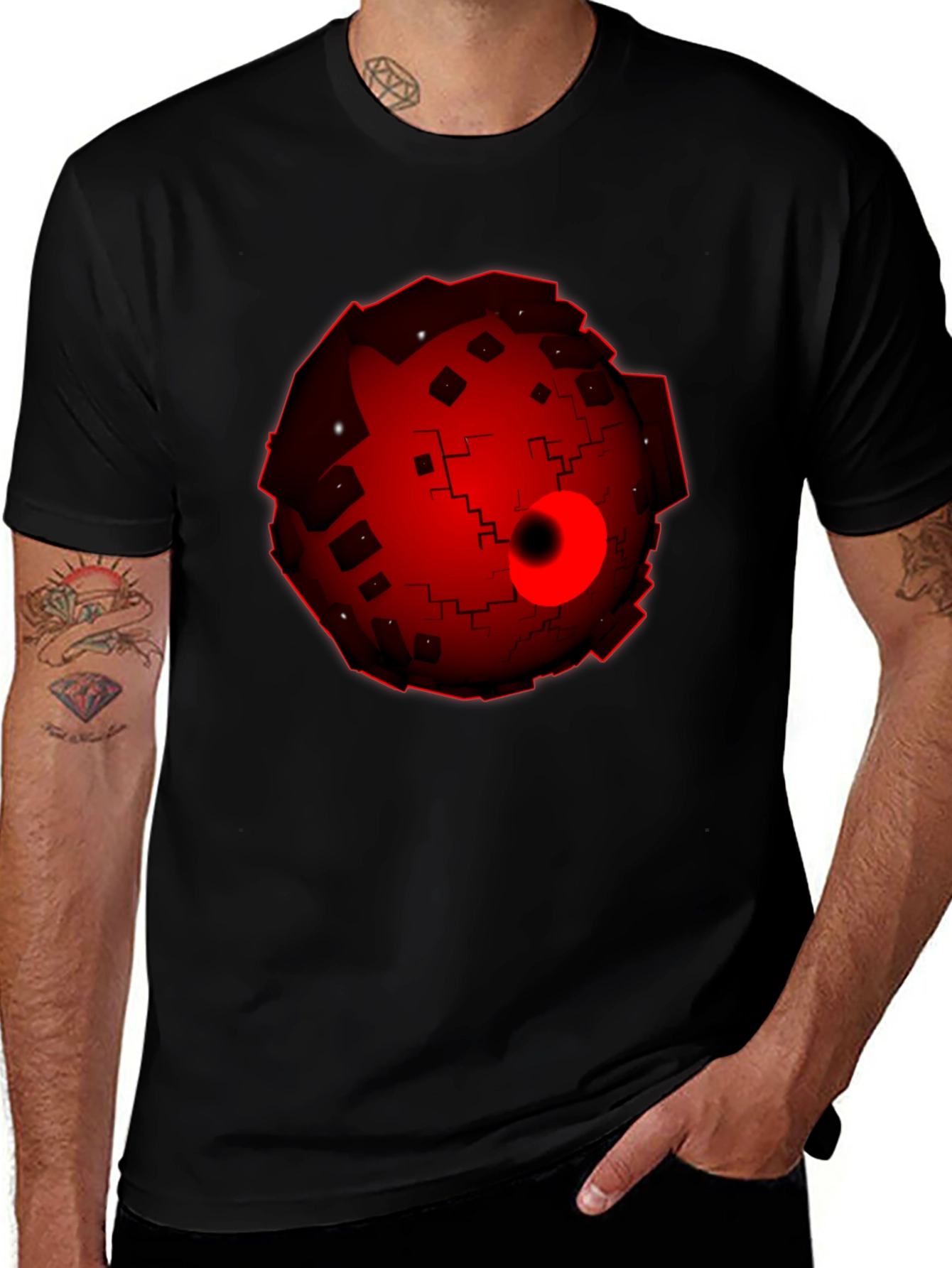 Abstract Red Orb Graphic Black T-Shirt