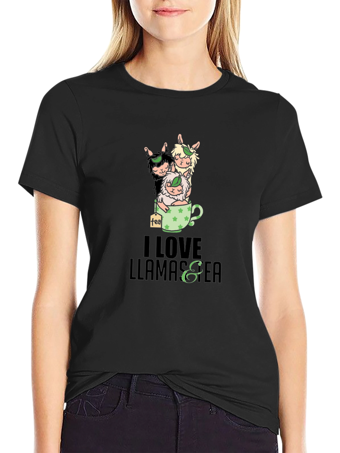 I Love Llamas & Tea Black T-Shirt