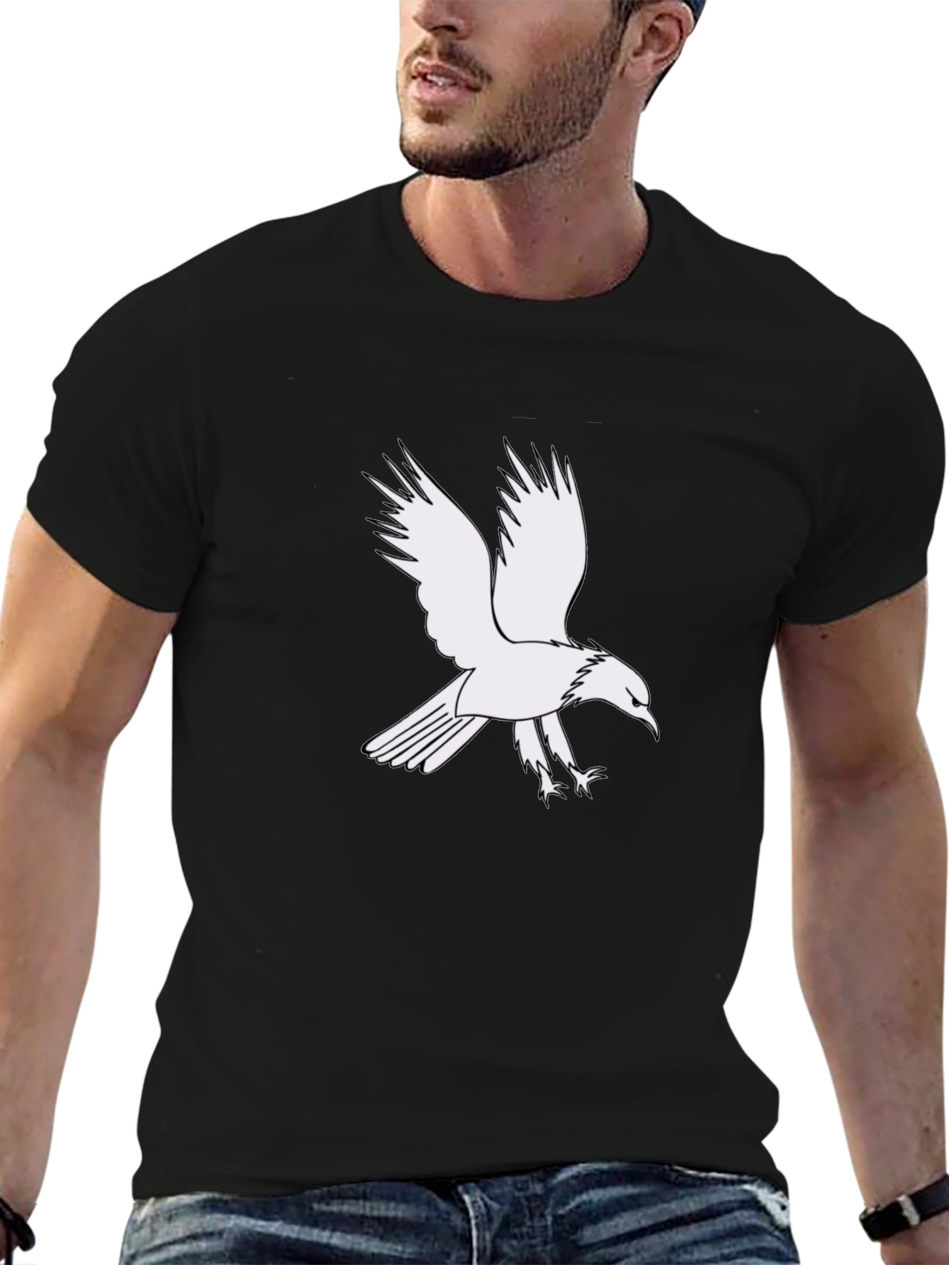 Mens Black T-Shirt with White Eagle Graphic