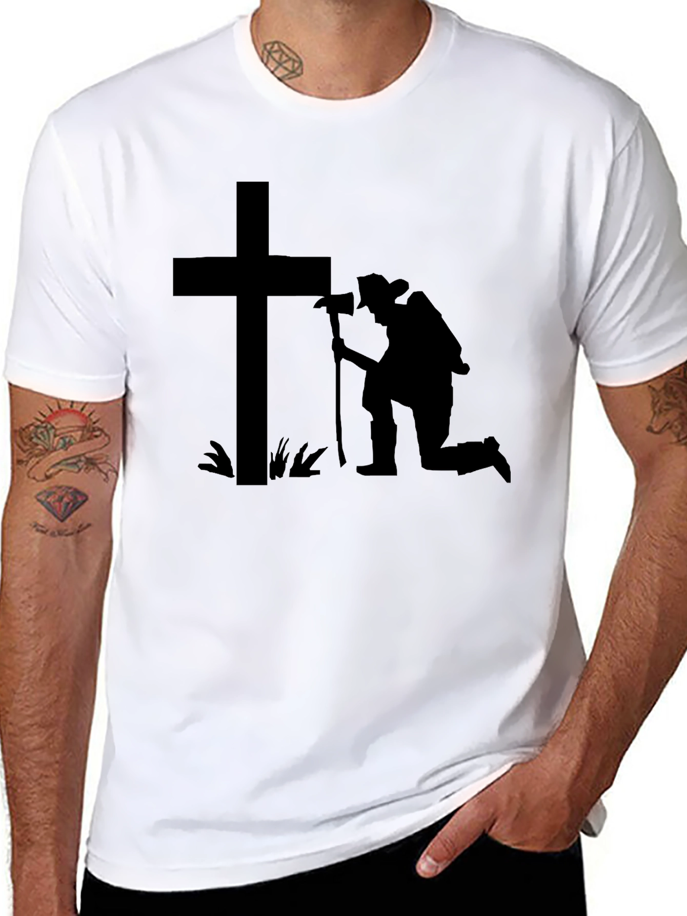 Kneeling Firefighter Cross T-Shirt