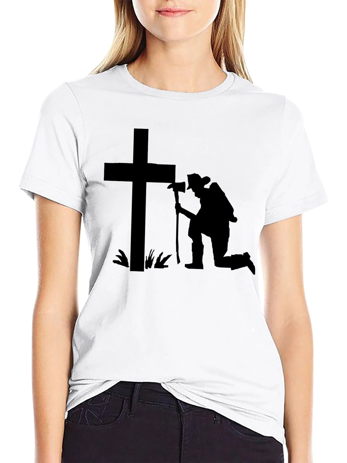 Kneeling Firefighter Cross T-Shirt