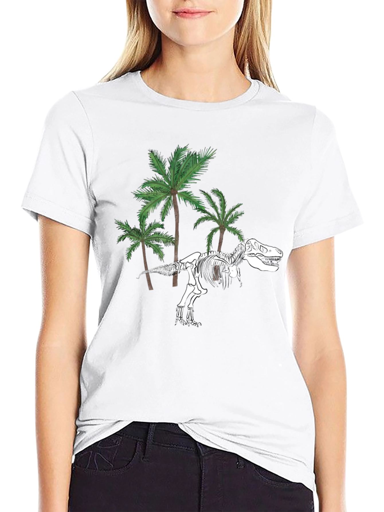 Dino Skeleton & Palm Trees Graphic Tee - Black
