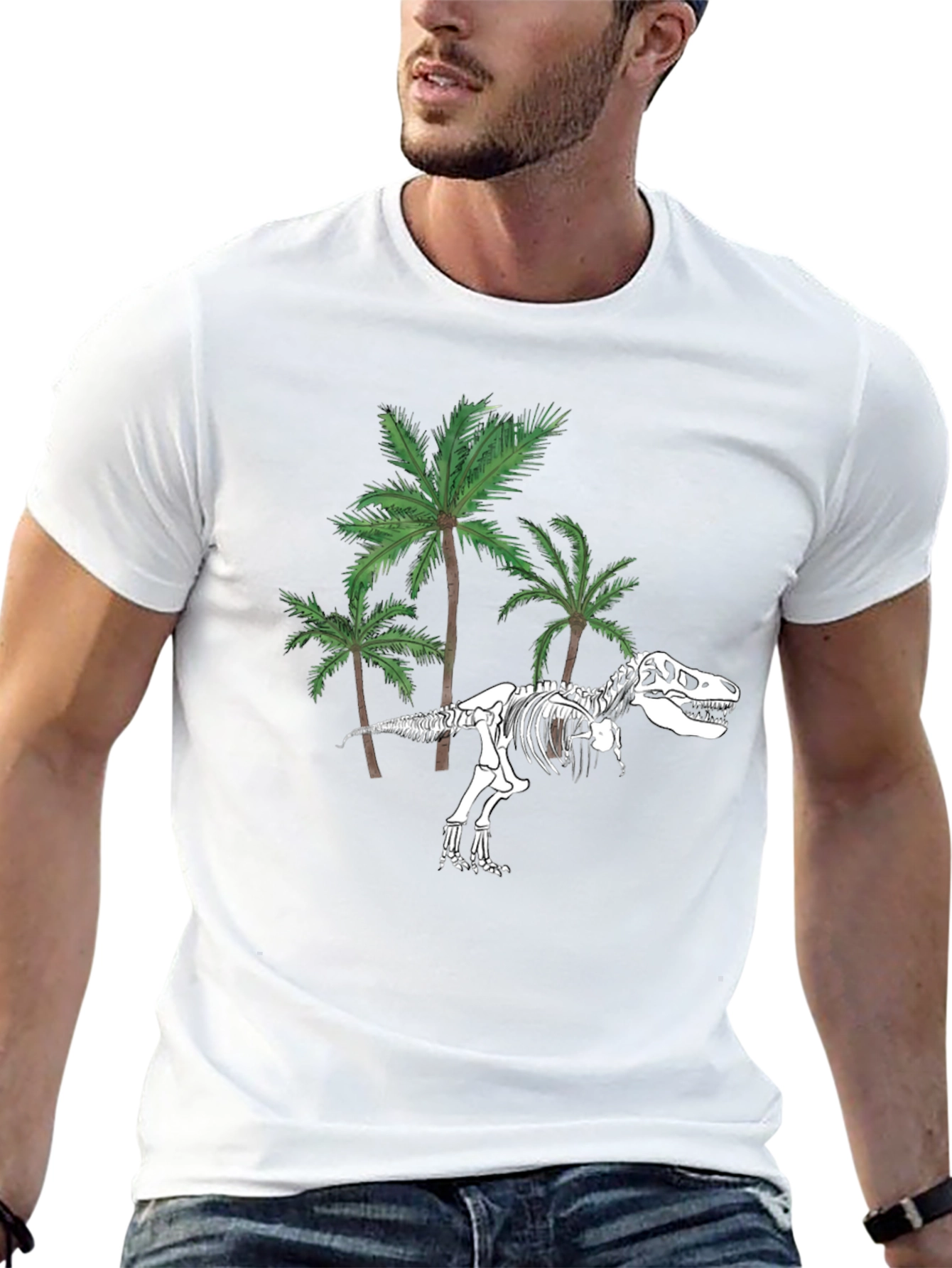 Dino Skeleton & Palm Trees Graphic Tee - Black