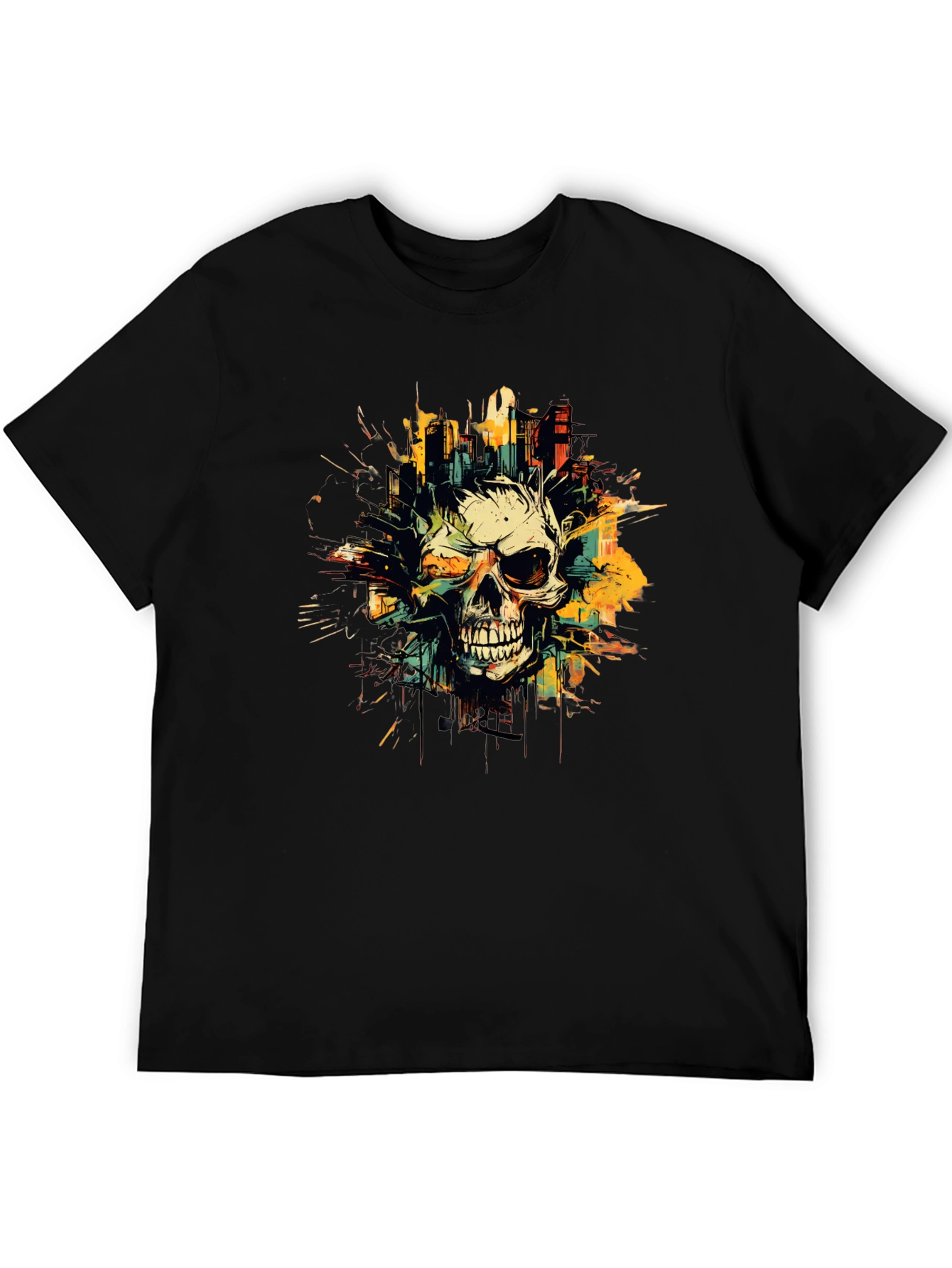 Skull City Graphic Tee - Black Cotton