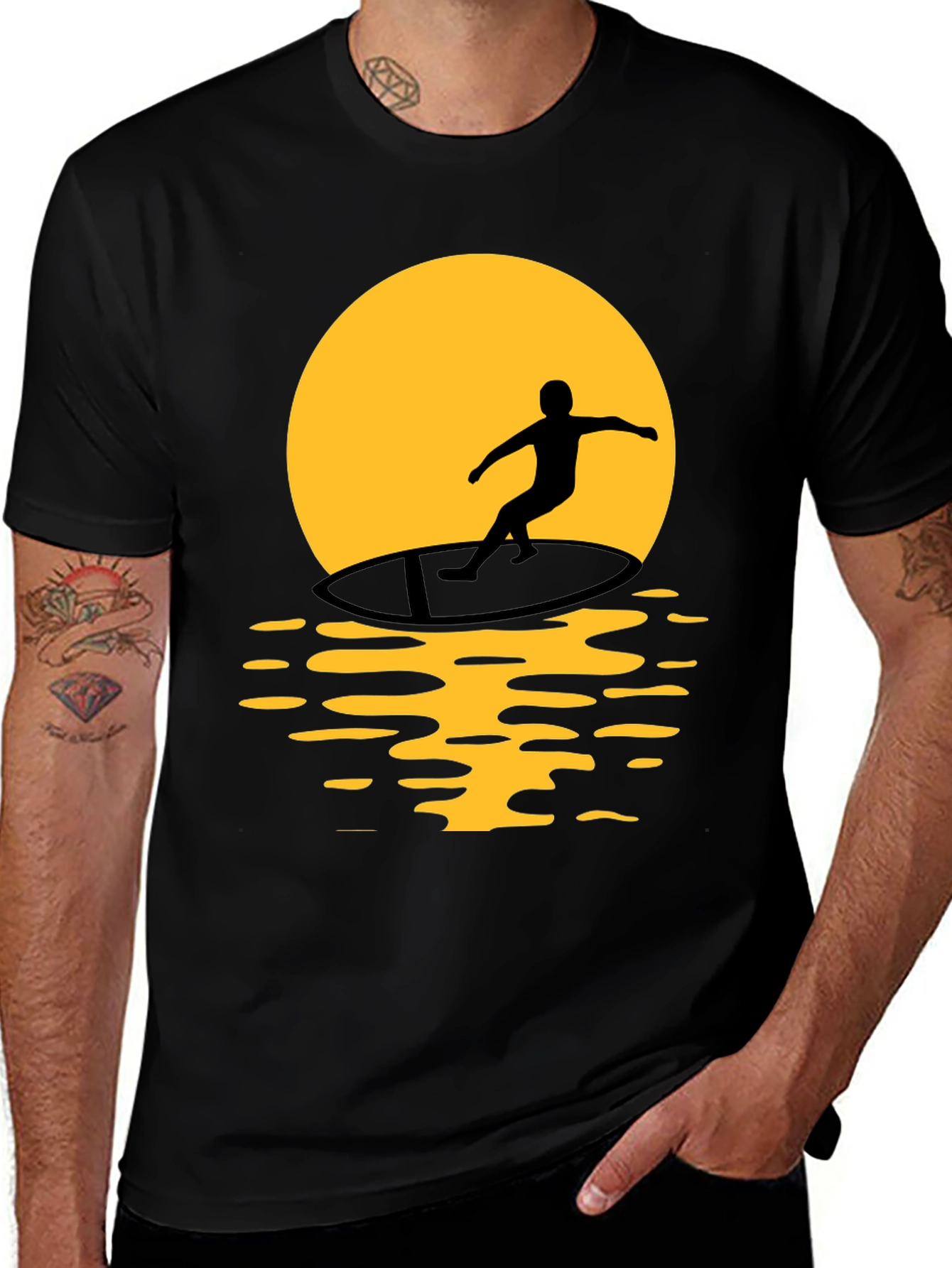 Surfer Silhouette Graphic Tee - Black Cotton T-Shirt