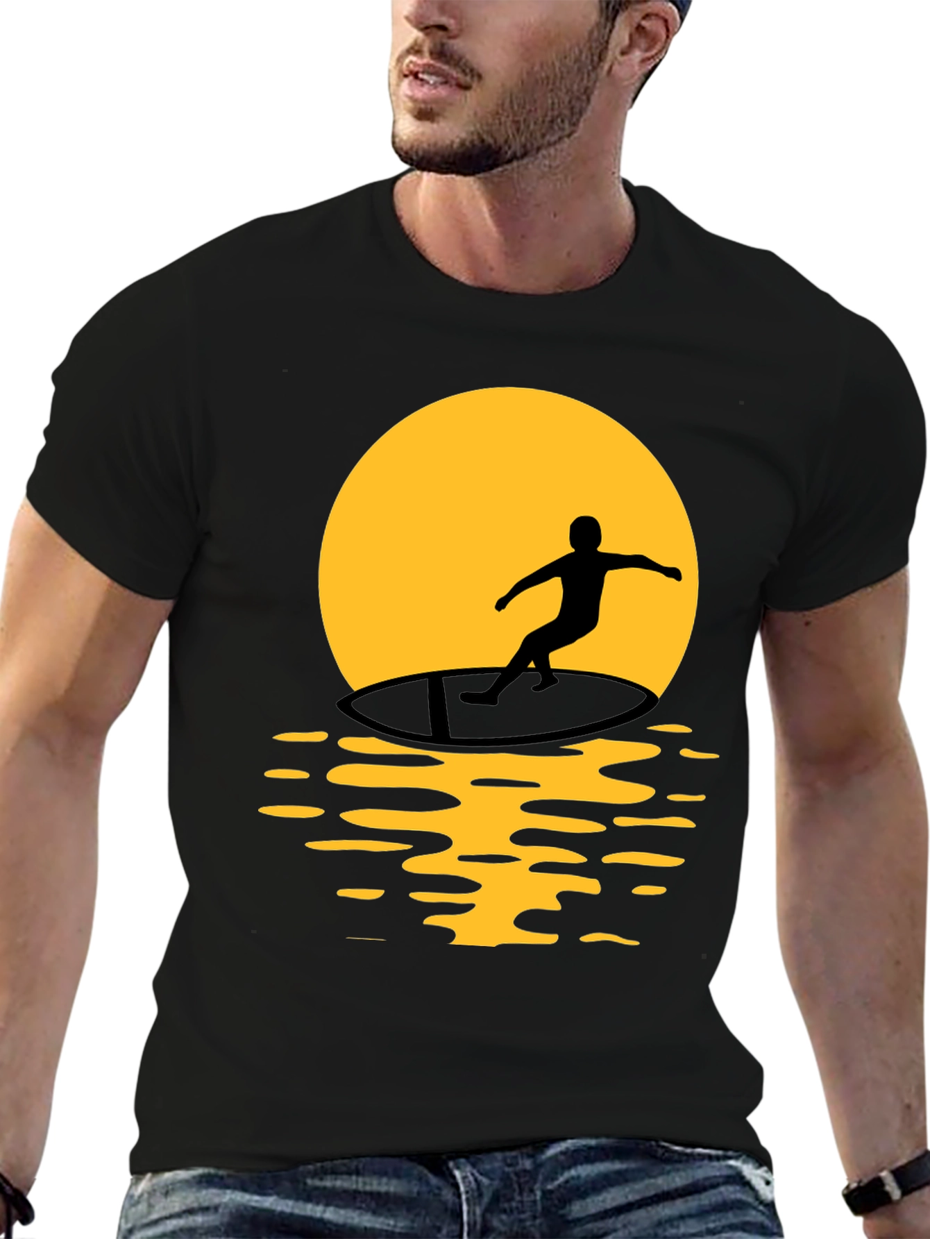 Surfer Silhouette Graphic Tee - Black Cotton T-Shirt