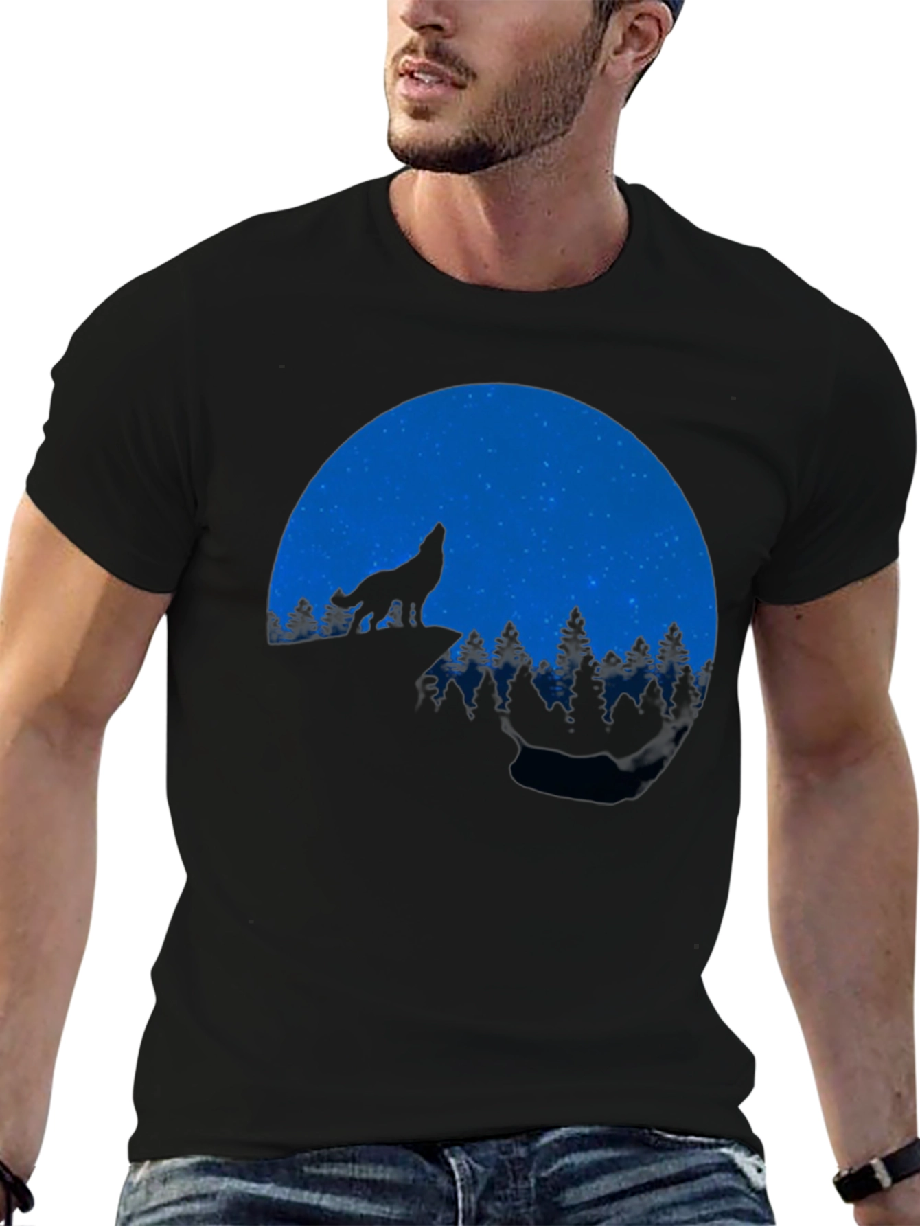 Wolf Howling at Moon Black Graphic T-Shirt