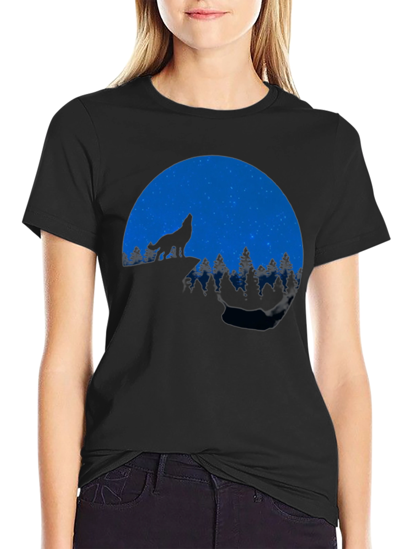 Wolf Howling at Moon Black Graphic T-Shirt