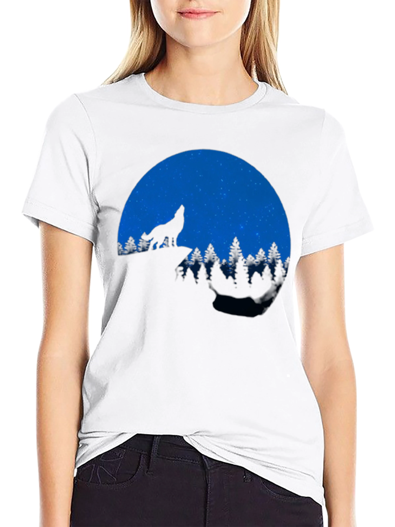 Wolf Howling at Moon Black Graphic T-Shirt
