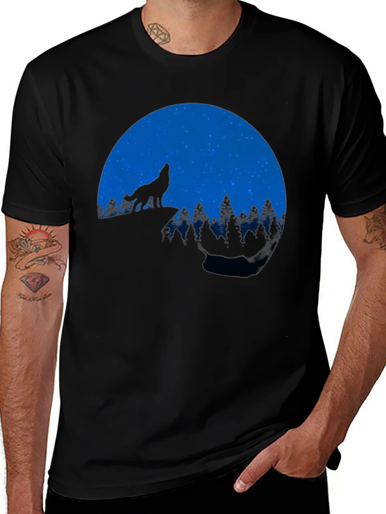 Wolf Howling at Moon Black Graphic T-Shirt