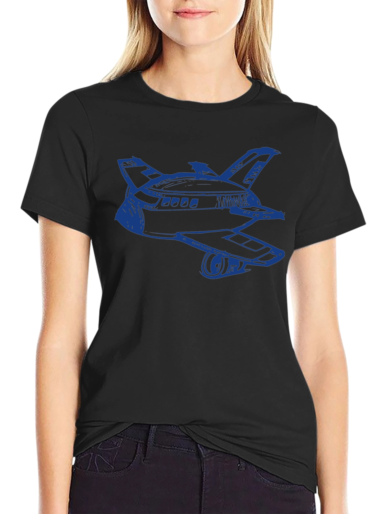Retro Space Shuttle Graphic Tee - Black Cotton Blend