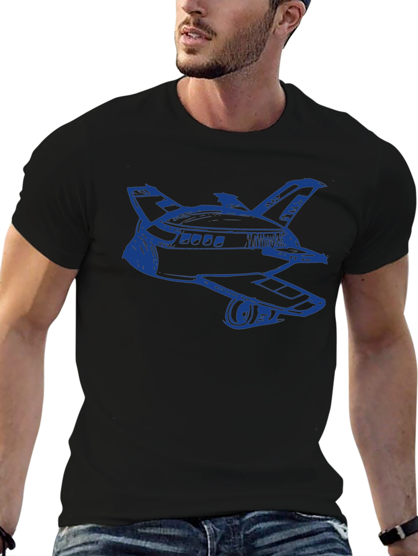 Retro Space Shuttle Graphic Tee - Black Cotton Blend
