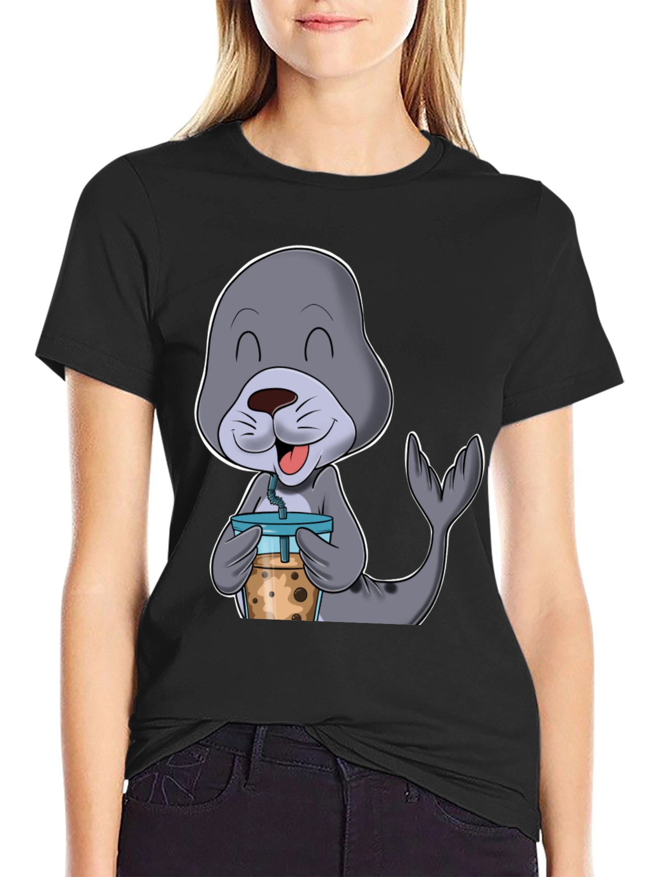 Seal Boba Tea T-Shirt: Cute Cartoon Animal Shirt