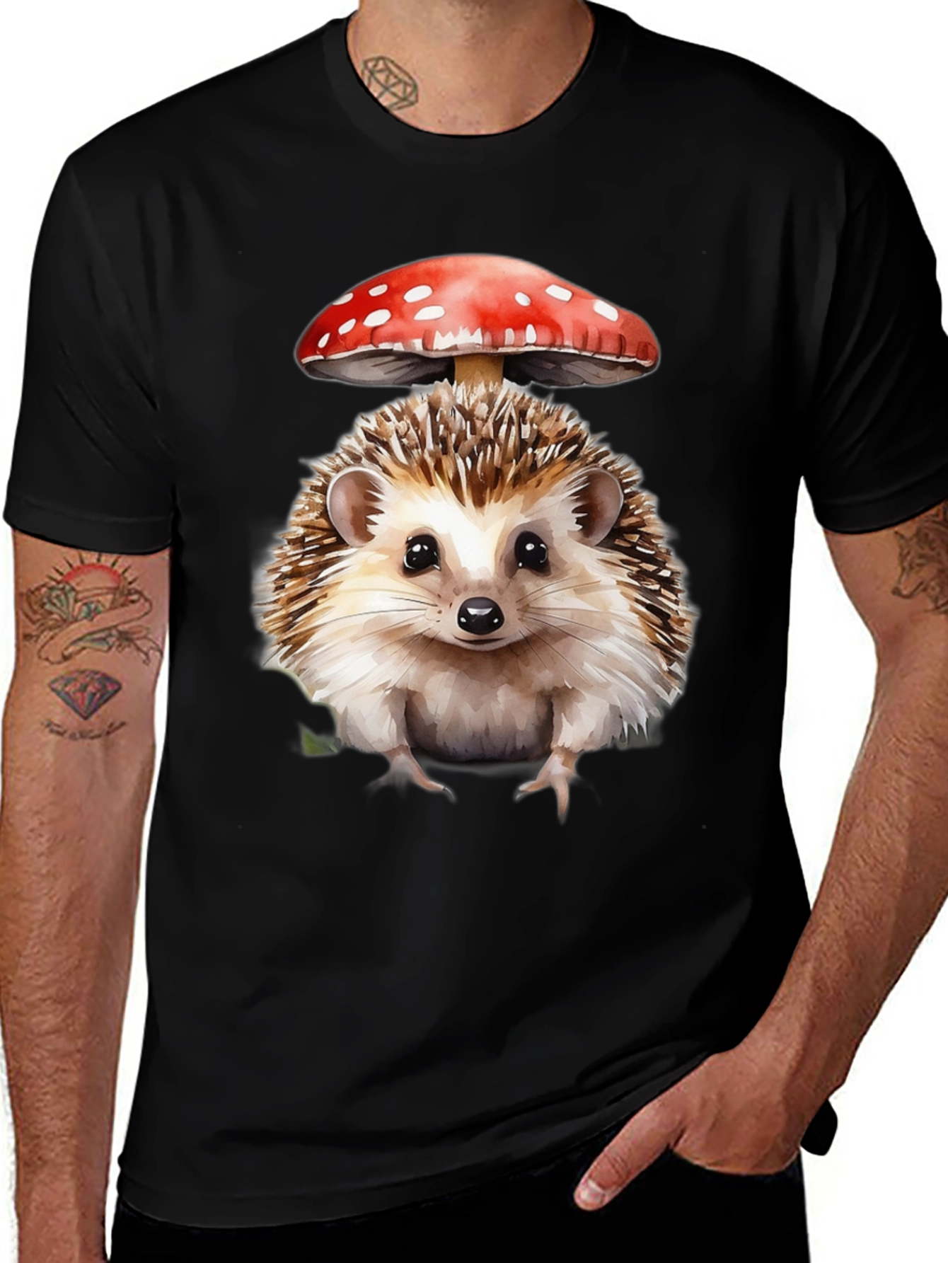 Hedgehog with Mushroom Hat Graphic T-Shirt