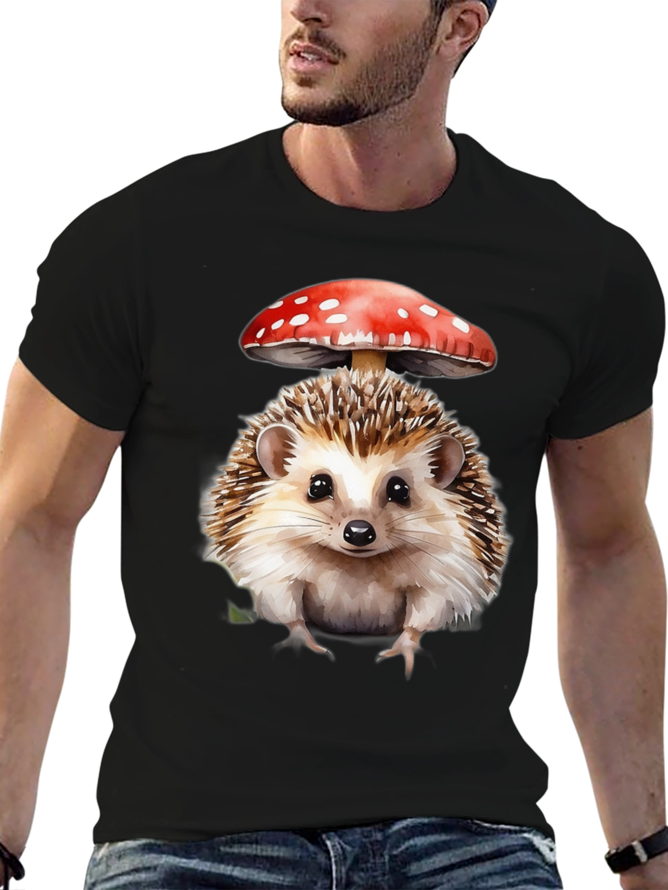 Hedgehog with Mushroom Hat Graphic T-Shirt