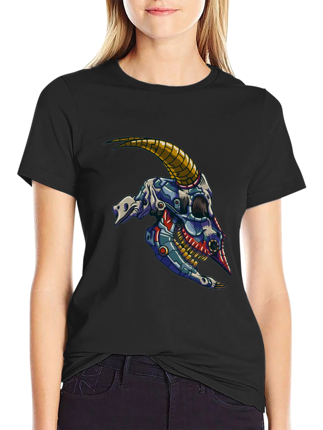 Cyber Goat Skull T-Shirt - Futuristic Design